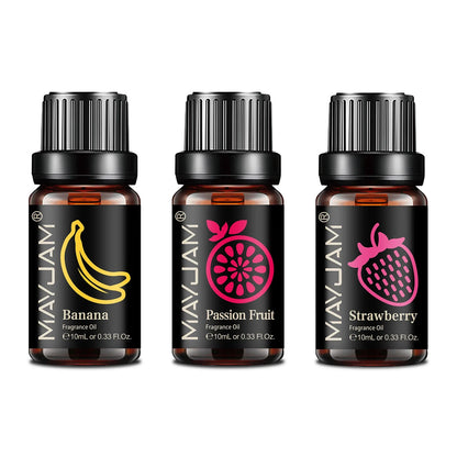 Blushimmer MAYJAM fruit essential oil bottle with cherry, banana, papaya, grape, lychee, guava, kiwi, pear, fig scent for diffuser or candle