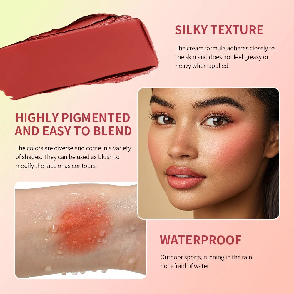Blushimmer 8-color blusher and highlighter palette with creamy, waterproof face cosmetics for natural, matte makeup looks.