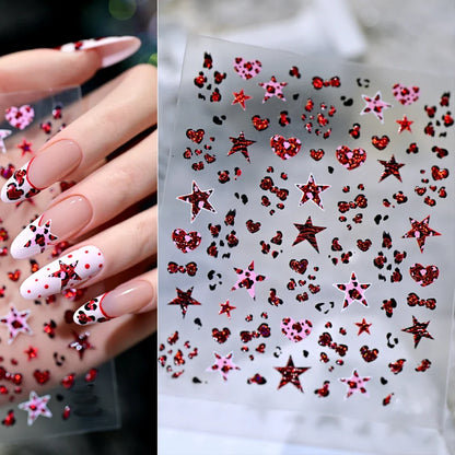 Pink leopard print nail art stickers by Blushimmer, 8x10cm sheet with pink, black, and brown leopard decal designs for DIY manicures