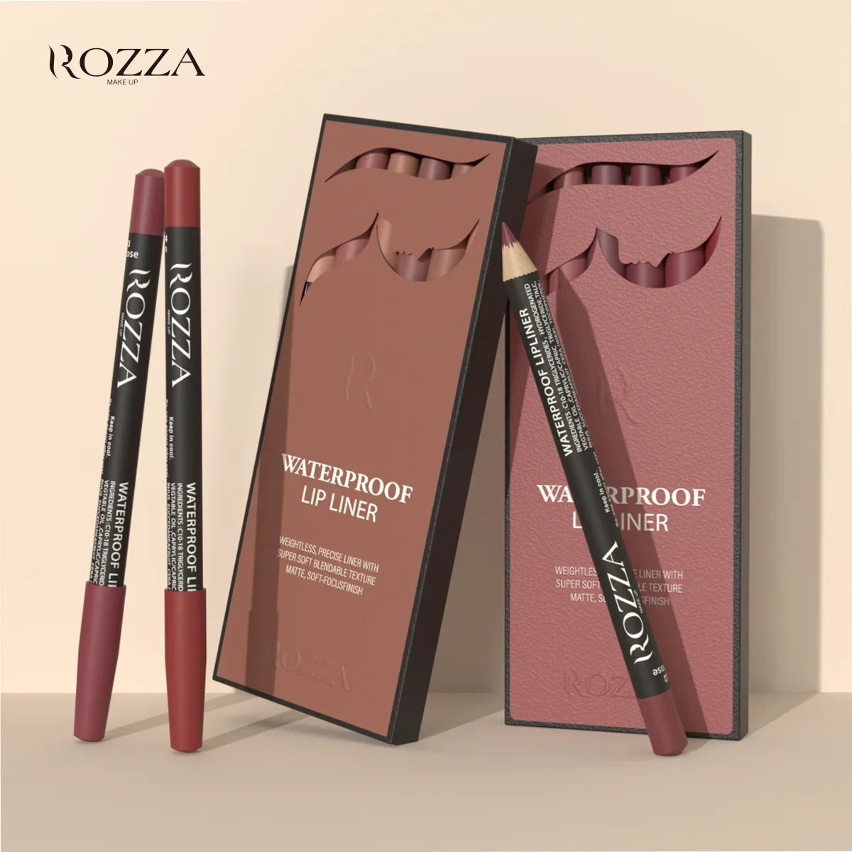Blushimmer Rozza Waterproof Lip Liner Pencil Set with soft, matte, blendable texture in multiple shades.