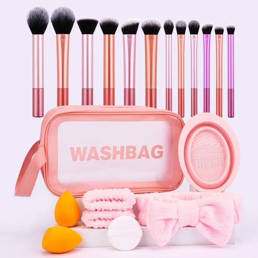 6-14PCS Long Handle Makeup Brush Set with Portable Wash Bag Soft Bristles Ideal for Beginners Full Face Makeup