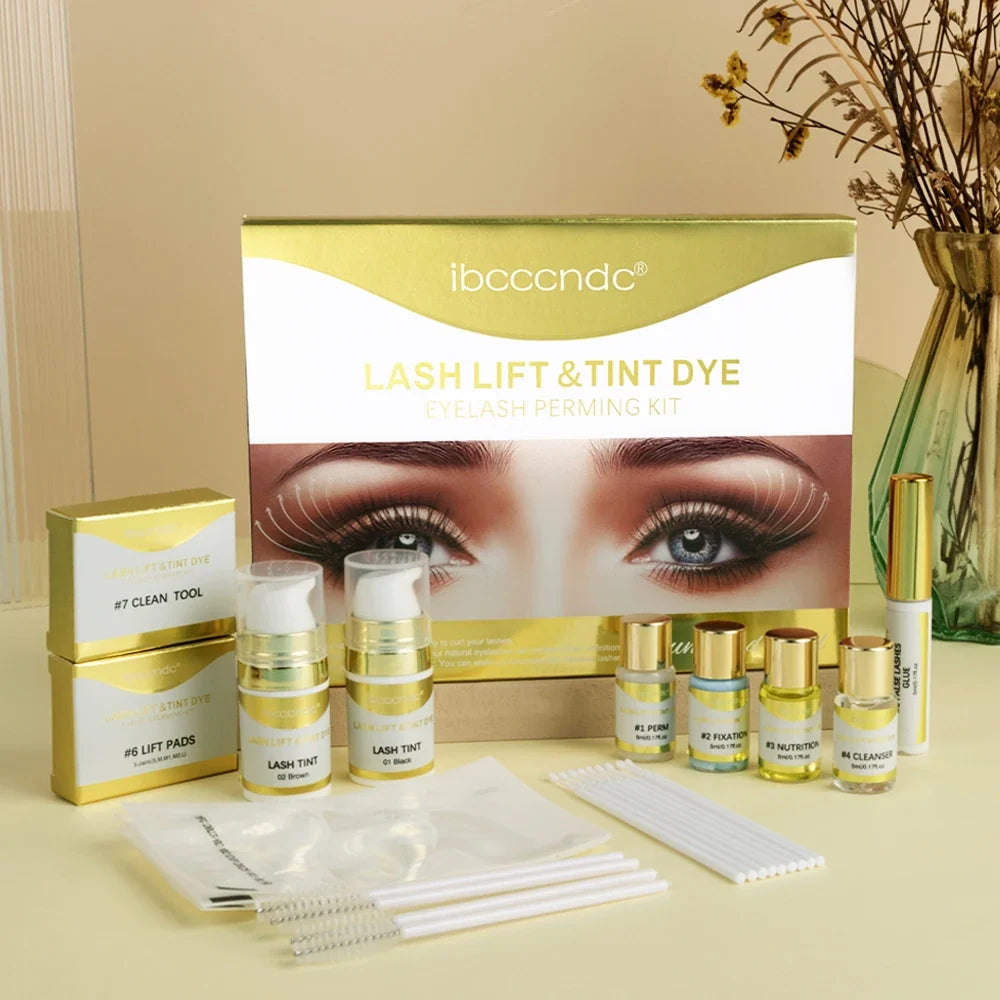 Blushimmer semi-permanent brow and lash lift and tint kit with various applicators and products for enhancing eyebrows and lashes.