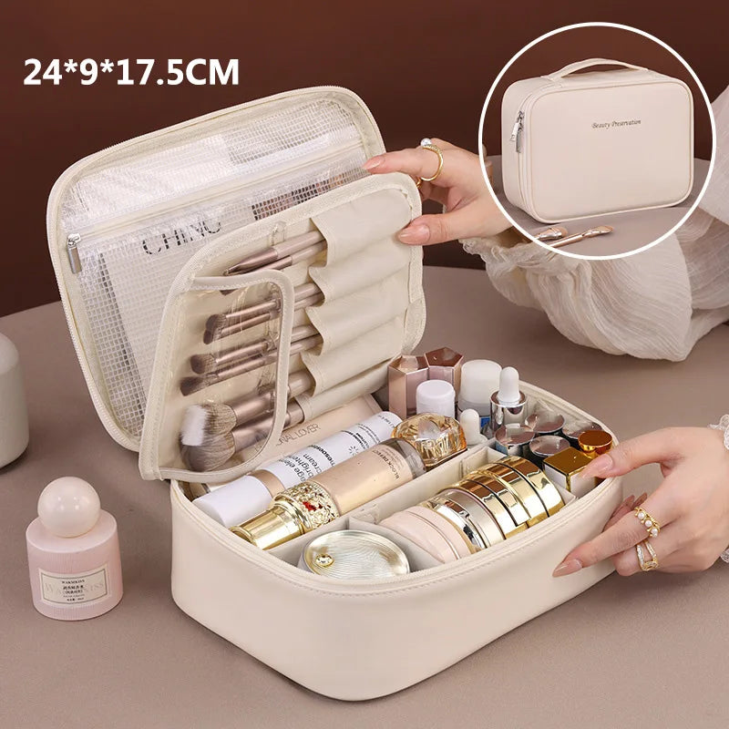 Large capacity PU makeup tote bag by Blushimmer with double layers, ideal for travel makeup and cosmetic storage.