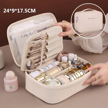 Large capacity PU makeup tote bag by Blushimmer with double layers, ideal for travel makeup and cosmetic storage.