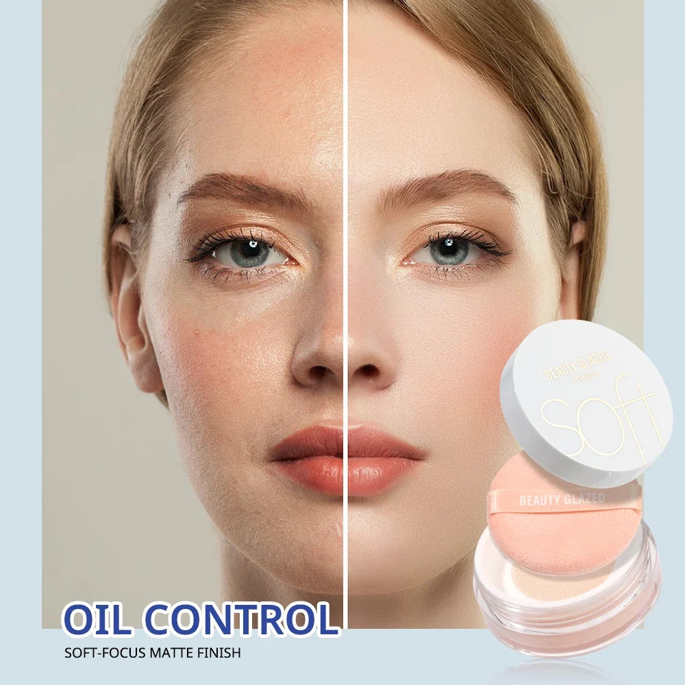 Beauty Glazed loose matte powder by Blushimmer, natural waterproof concealer and banana powder for long-lasting makeup.