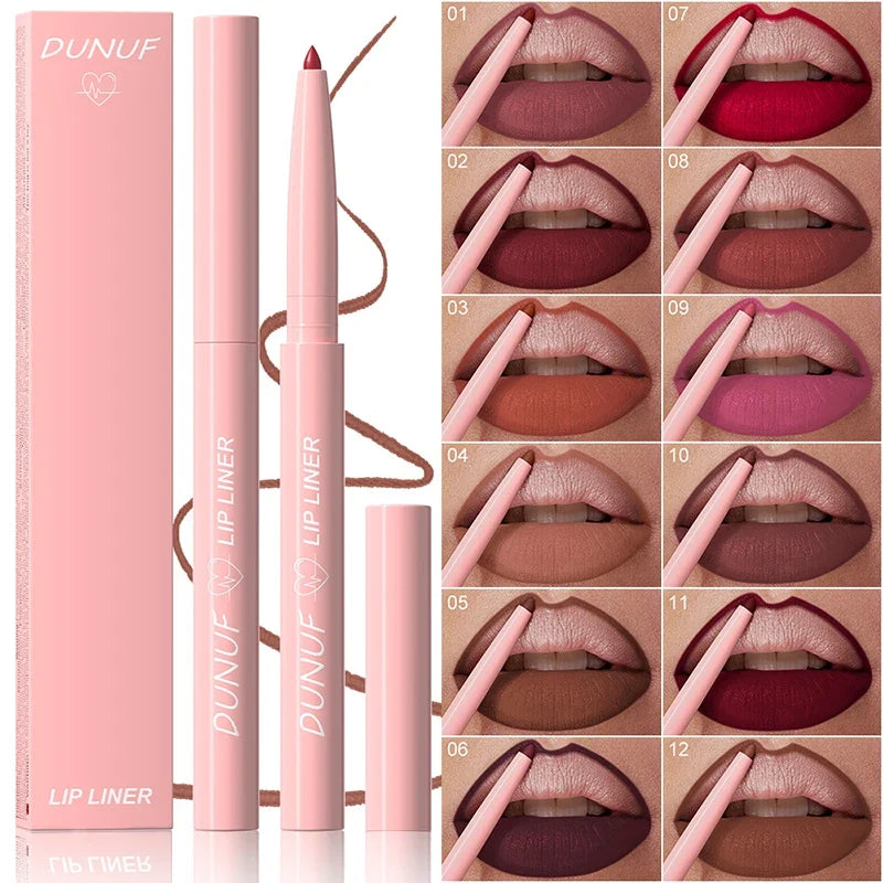 Blushimmer velvet matte lip liner pencil in soft nude and red brown shades, waterproof and contouring for plump, defined lips.