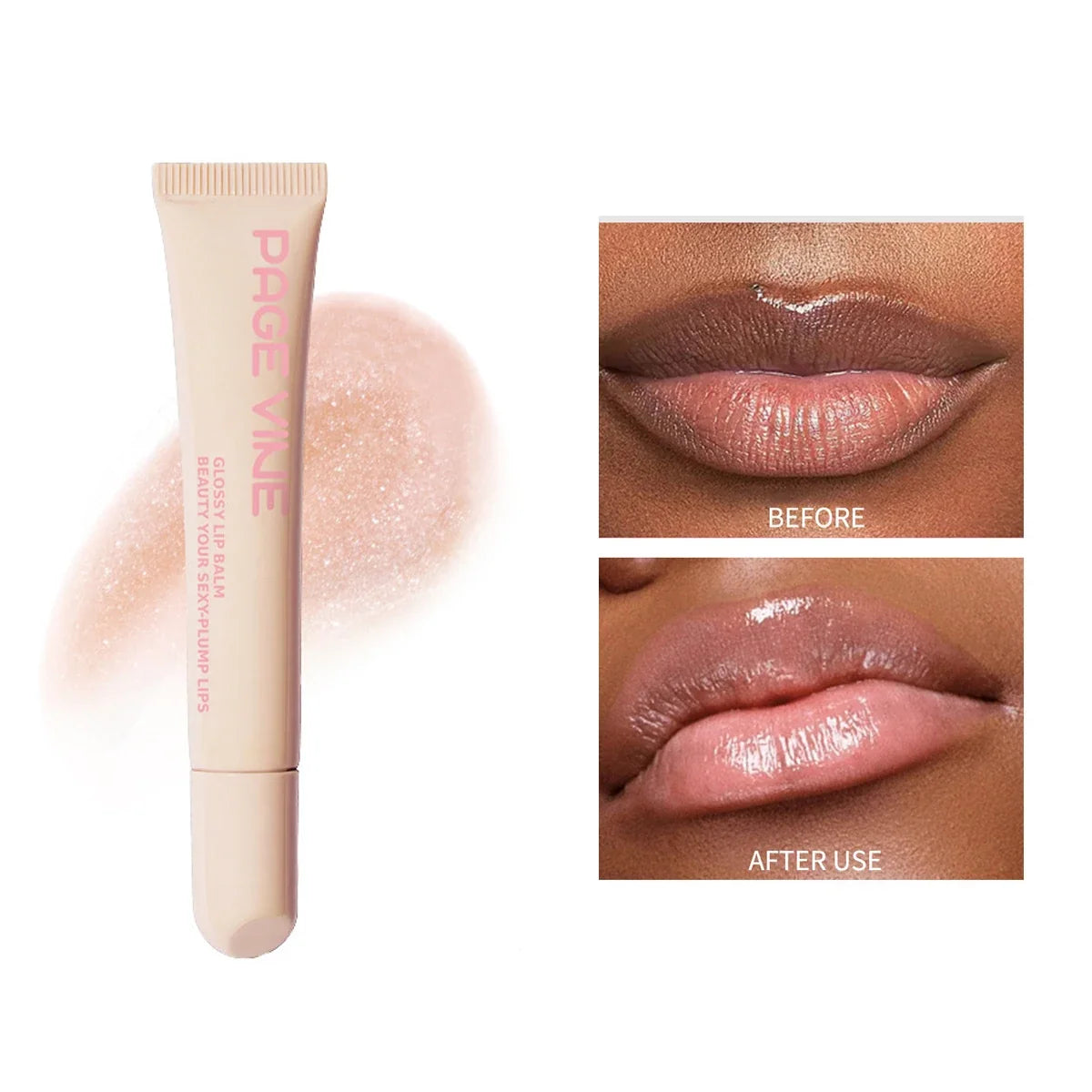 Blushimmer soft tube lip gloss with nude brown shade, moisturizing and plumping transparent lip oil for beauty and makeup.
