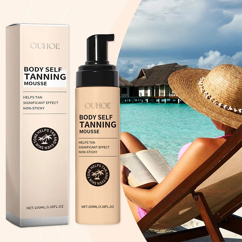 Blushimmer Summer Tanning Body Mousse in 100ml, natural wheat skin tone, moisturizing, sun-promoting bronze glow, no UV damage