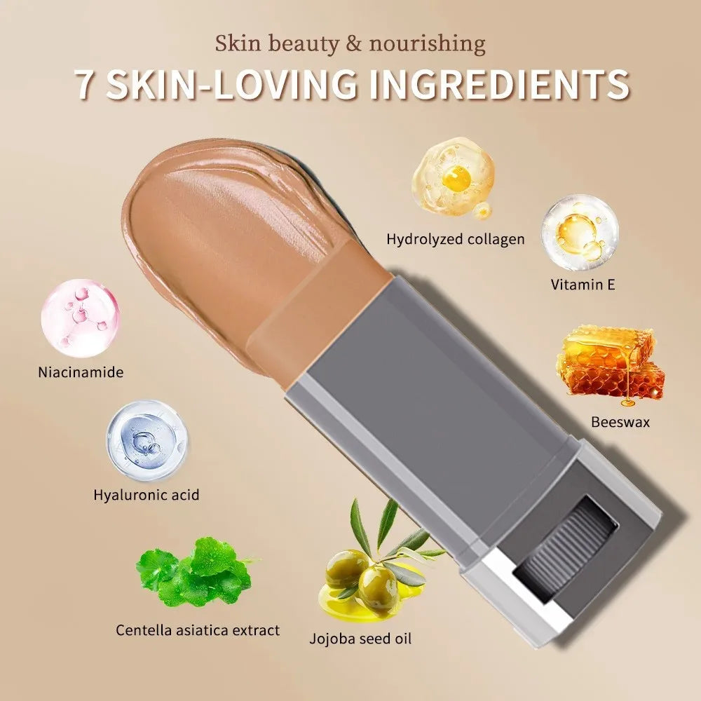 Blushimmer stick foundation balm serum with high coverage, smooth texture, travel-friendly bronze skin tint for a natural glow