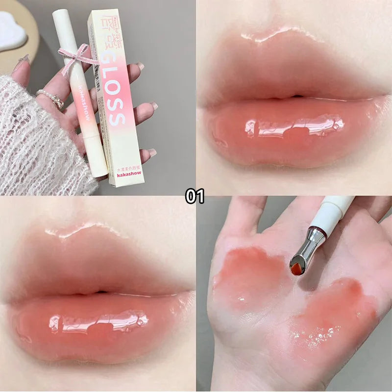Kakashow Mirror Watery Lip Gloss by Blushimmer featuring a shiny, moisturizing jelly lip tint in a clear, reflective container.
