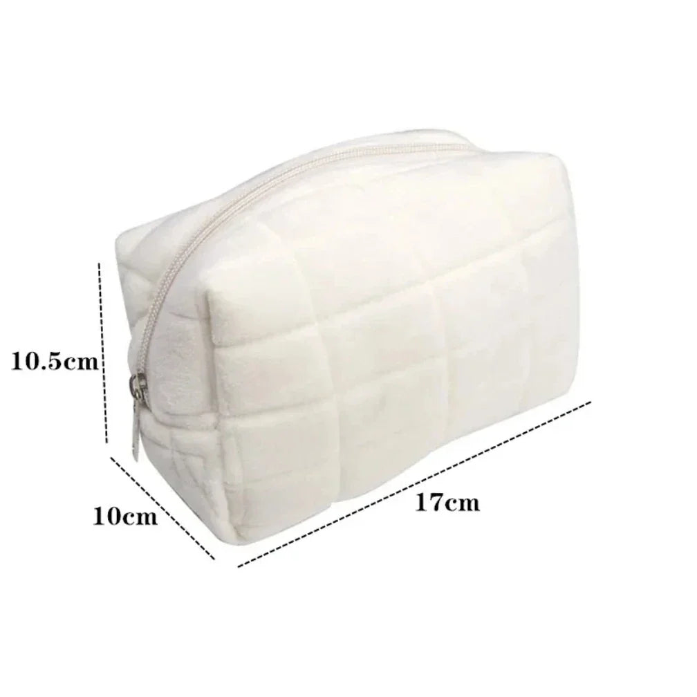 Large Blushimmer solid fur cosmetic storage bag with zipper, ideal for makeup, toiletries, and stationery organization.