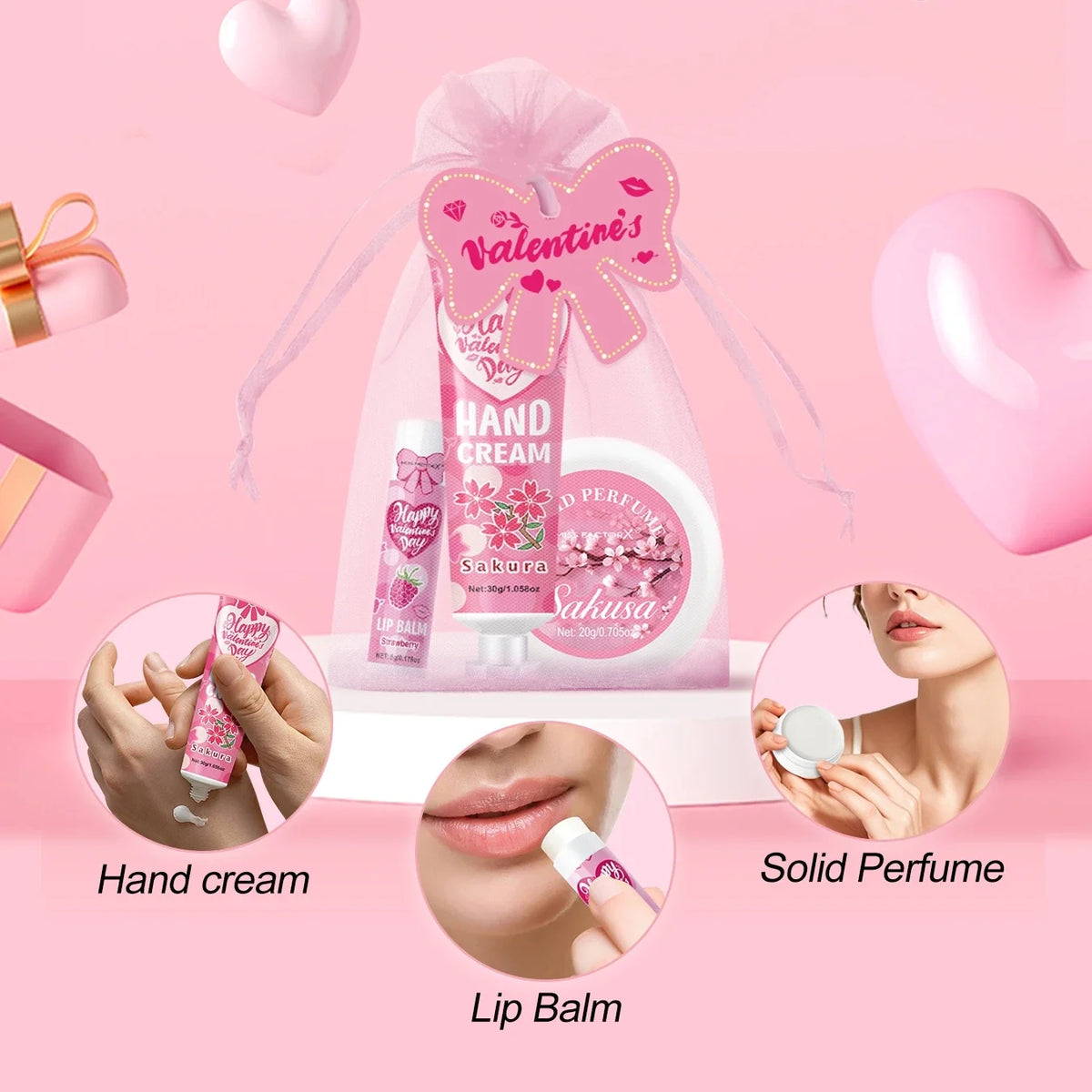 Blushimmer gift set with 20pcs including lip balm, hand cream, perfume, pink gift bag, bow, and thank you card.