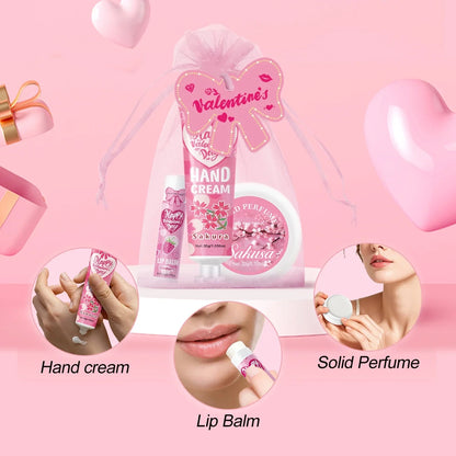Blushimmer gift set with 20pcs including lip balm, hand cream, perfume, pink gift bag, bow, and thank you card.