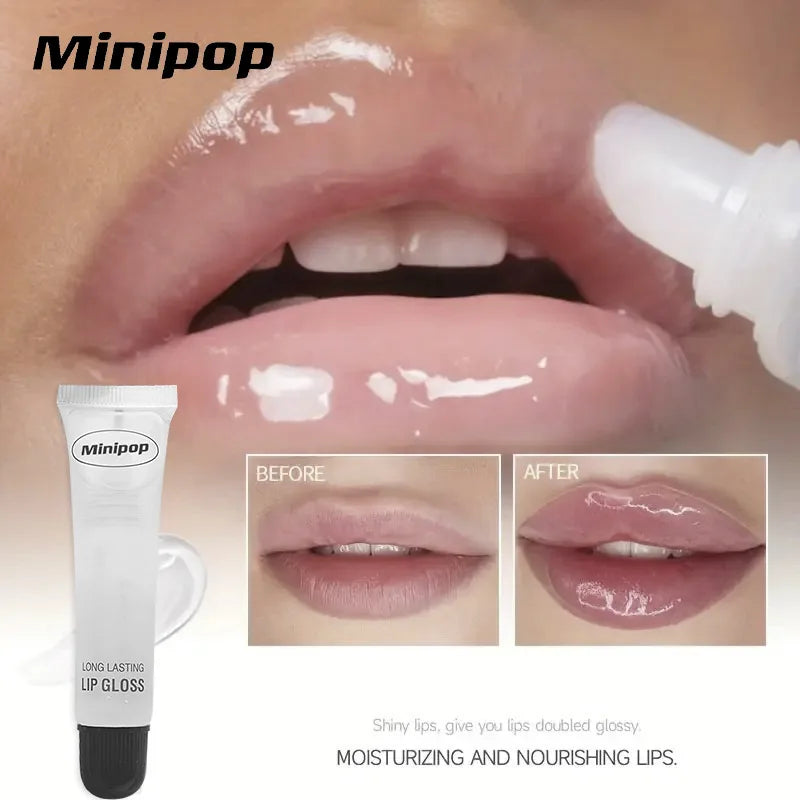 Set of clear lip gloss tubes with high-shine finish, non-sticky, hydrating lip care cosmetics in 18ml bottles by Blushimmer.