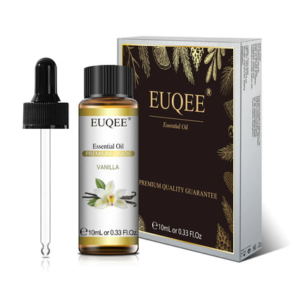 EUQEE 10ml natural essential oils including lavender, jasmine, eucalyptus, vanilla, sandalwood, sweet orange, lemon, oregano, neroli