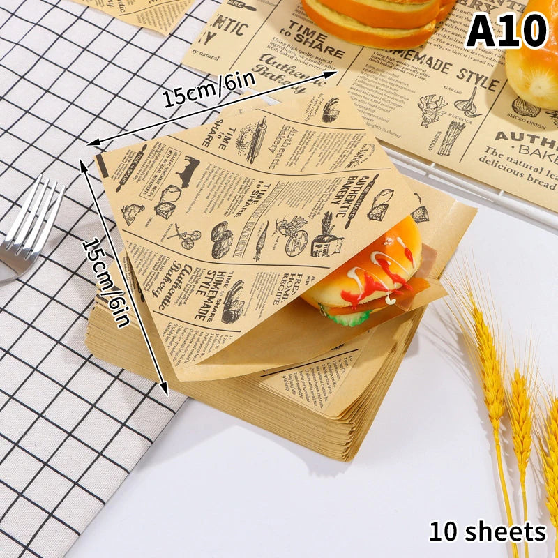 10/20/50Sheets Food Wrapping Paper Newspaper Design Sandwich Burger Fries Fried Food Wrapping Paper Plate Mat Oil Waxed Paper