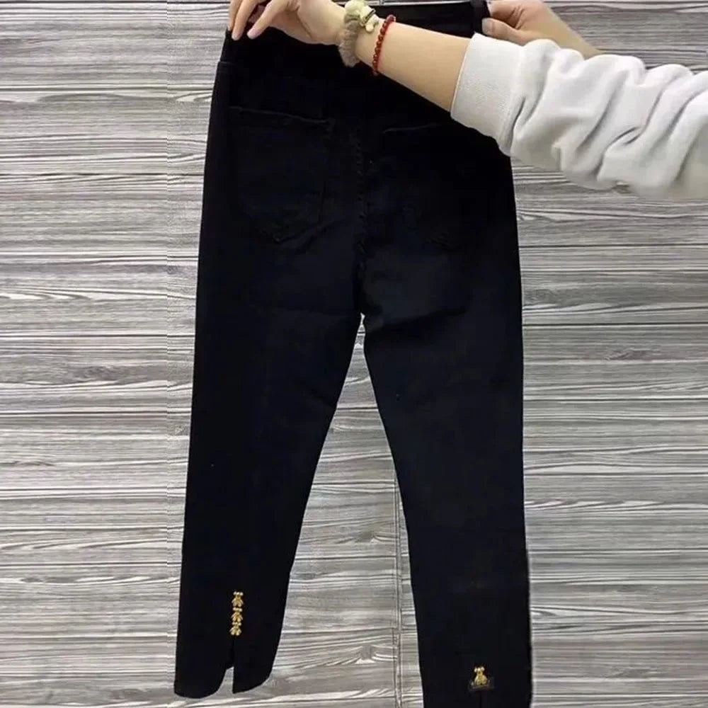2023 Autumn Loose Chic Denim Trousers Women Slim Split Wide Leg Pants Korean Style High Waist Straight Blank Plush Jeans Female