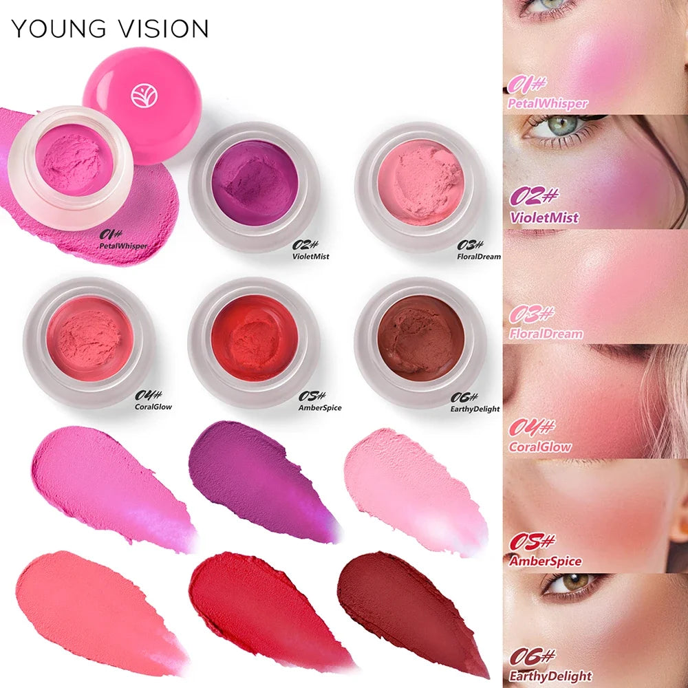 Blushimmer 6-color mousse texture powder blusher with matte velvet finish, includes finger puff applicator, delicate and long-lasting.