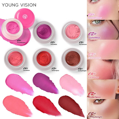 Blushimmer 6-color mousse texture powder blusher with matte velvet finish, includes finger puff applicator, delicate and long-lasting.