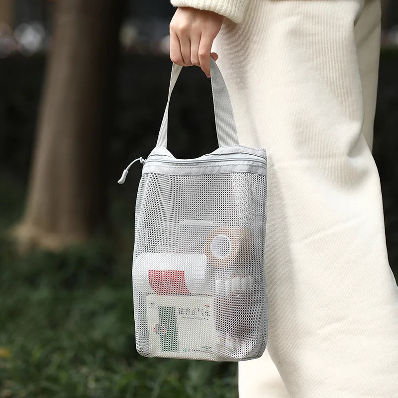 Blushimmer portable toiletry bag with handle, large capacity mesh storage for travel and business trips, makeup and toiletries.