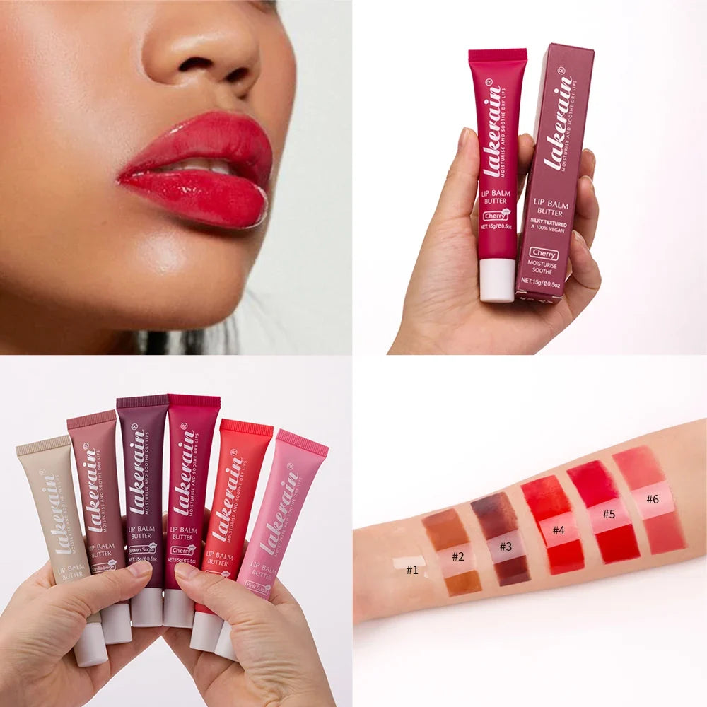 Blushimmer crystal lip balm and moisturizing lip gloss with cherry pink tint, showcasing glossy, smooth lips and brown sugar flavor.