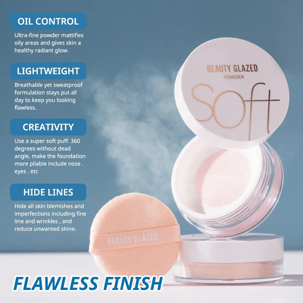Beauty Glazed loose powder by Blushimmer in four matte shades, waterproof and long-lasting concealer for natural makeup finish.