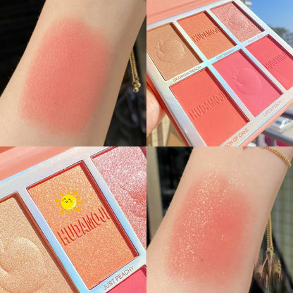 Blushimmer six-color blush and highlighter eyeshadow palette with pink shades, glitter accents, natural contour, and brightening makeup.