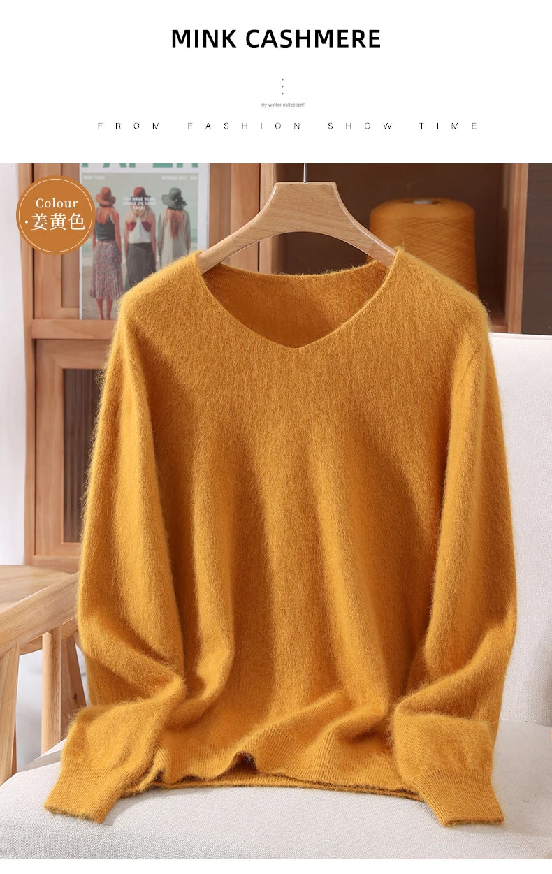 Autumn And Winter New High-End Female Mink Cashmere Sweater Solid Color Long-Sleeved Wool Knit Bottoming Sweater Loose Top