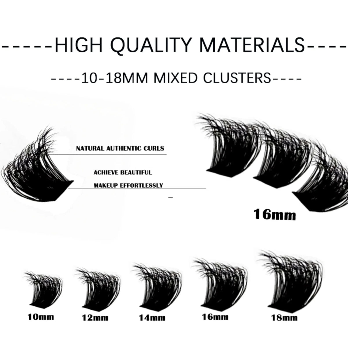 Close-up of Blushimmer 14/30 rows DIY 5D fluffy eyelash clusters, showing thick, individual lash extensions in 10-18mm length.