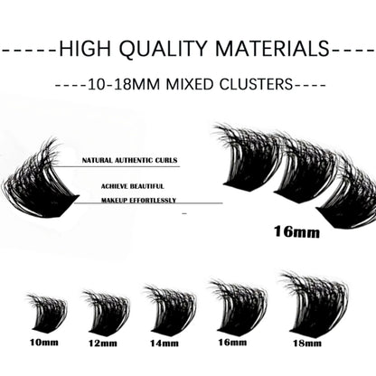 Close-up of Blushimmer 14/30 rows DIY 5D fluffy eyelash clusters, showing thick, individual lash extensions in 10-18mm length.
