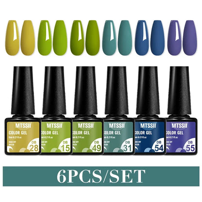 Blushimmer MTSSII 6-piece set of sparkly red gel nail polish bottles with shiny finish for LED and UV nail art and manicure.