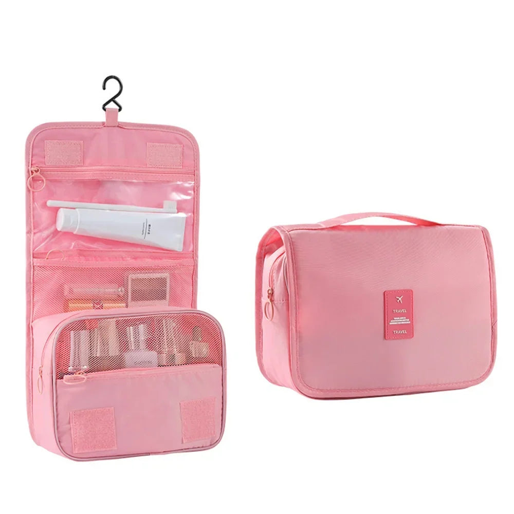 Large waterproof travel cosmetic bag by Blushimmer with hanging hook and multiple compartments for toiletries and makeup storage.