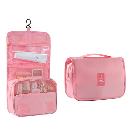 Large waterproof travel cosmetic bag by Blushimmer with hanging hook and multiple compartments for toiletries and makeup storage.