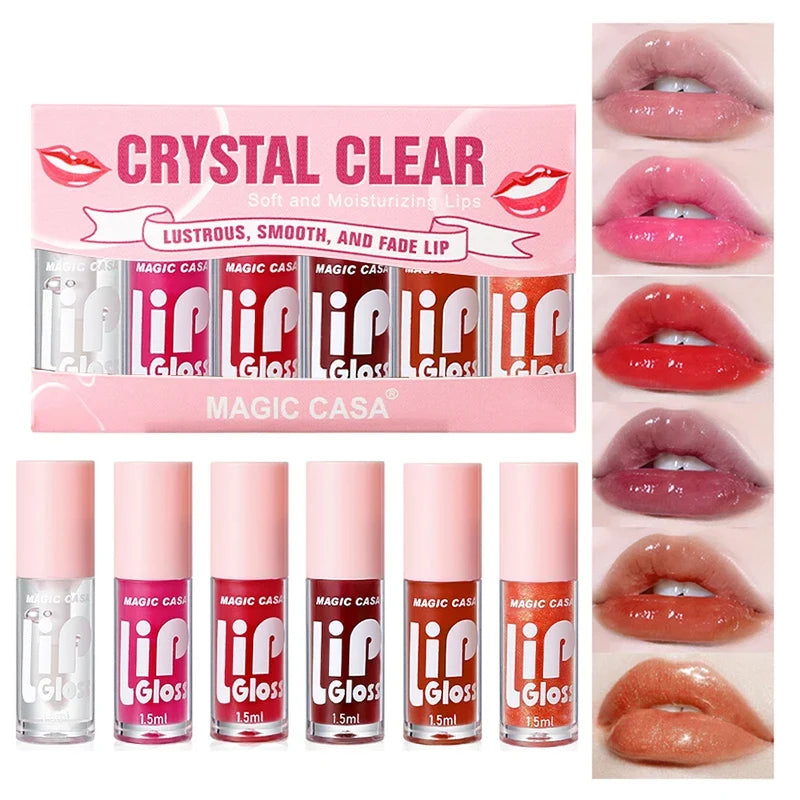 Blushimmer Magic Casa 6-piece set of water-gloss jelly lip oils with plumping and hydrating properties, displayed in a sleek set.