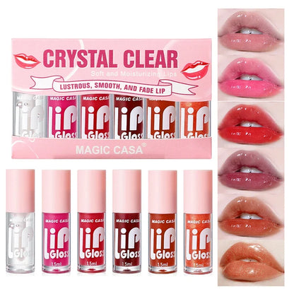 Blushimmer Magic Casa 6-piece set of water-gloss jelly lip oils with plumping and hydrating properties, displayed in a sleek set.