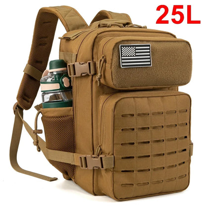 Adventure Club Store tactical backpack with 25L/45L capacity, water bottle holder, suitable for outdoor activities and small school use.