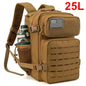 Adventure Club Store tactical backpack with 25L/45L capacity, water bottle holder, suitable for outdoor activities and small school use.
