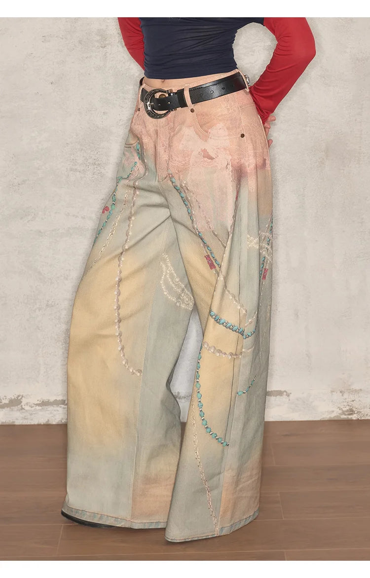 Y2K 3D Hanging Print Women Jeans Retro Loose Fit Trendy Cool Sweatpants Casual Pants