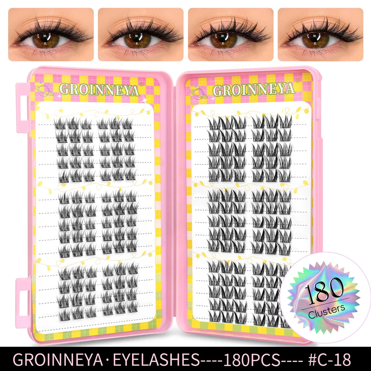 Blushimmer GROINNEYA eyelash clusters, 320 pcs natural eyelash extension cluster tray with mixed volume lashes, close-up view