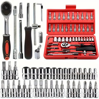 Hi you: 46 piece car repair tool kit: ratchet torque wrench, wrench, screwdriver, socket set combination - perfect for bicycle a