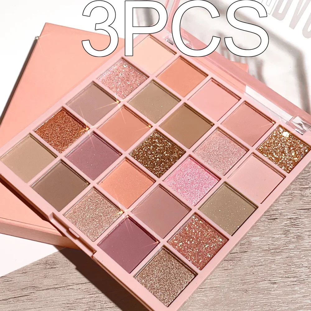 Blushimmer 25-color eyeshadow tray with oatmeal milk tea shades, sparkling powder, pearl sequins, and gentle orange brown tones.