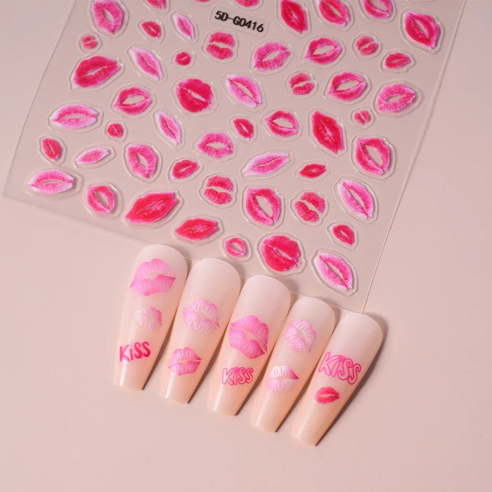 Red lips nail decal stickers by Blushimmer featuring romantic love heart designs for Valentine's Day nail decor.