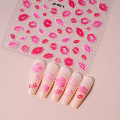 Red lips nail decal stickers by Blushimmer featuring romantic love heart designs for Valentine's Day nail decor.
