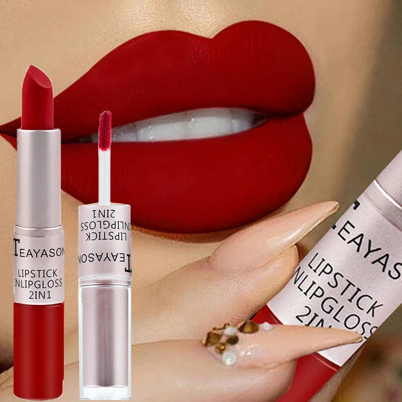 Blushimmer 2-in-1 matte red lipstick and lip gloss with double head, waterproof, long-lasting velvet finish, non-stick cup.