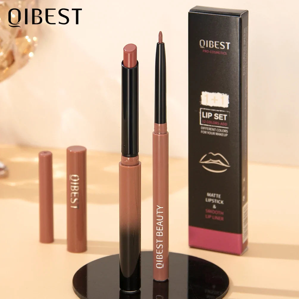 QIBEST 2-piece matte nude lipstick lip liner set by Blushimmer, waterproof long-lasting lip contour pencils for women.