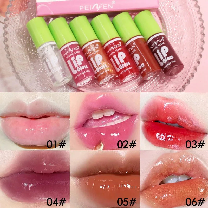 Six-piece set of Blushimmer moisturizing lip glosses with transparent, hydrating lip oil and plumper liquid lipstick for glossy lips.
