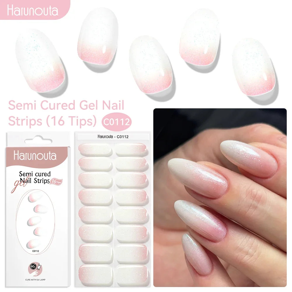 Blushimmer Harunouta 16-strip gradient red marble gel nail strips with gold lines, semi-cured DIY gel polish stickers for UV/LED nails.