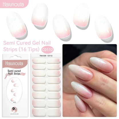 Blushimmer Harunouta 16-strip gradient red marble gel nail strips with gold lines, semi-cured DIY gel polish stickers for UV/LED nails.