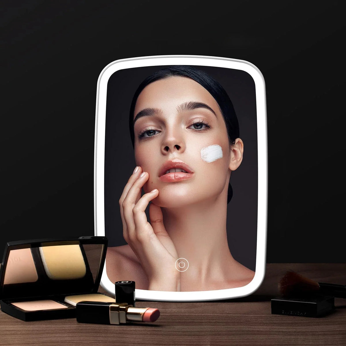 Blushimmer LED makeup mirror with stand, portable folding square vanity mirror, touch screen, tabletop and travel-ready design