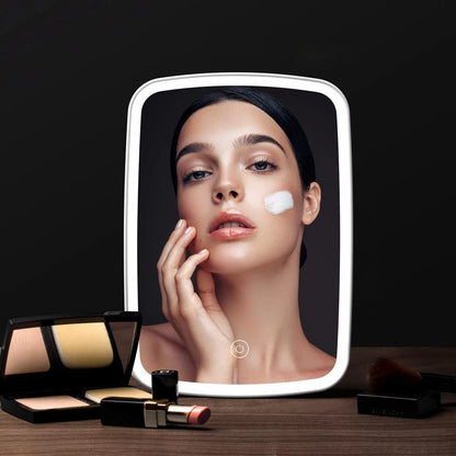 Blushimmer LED makeup mirror with stand, portable folding square vanity mirror, touch screen, tabletop and travel-ready design